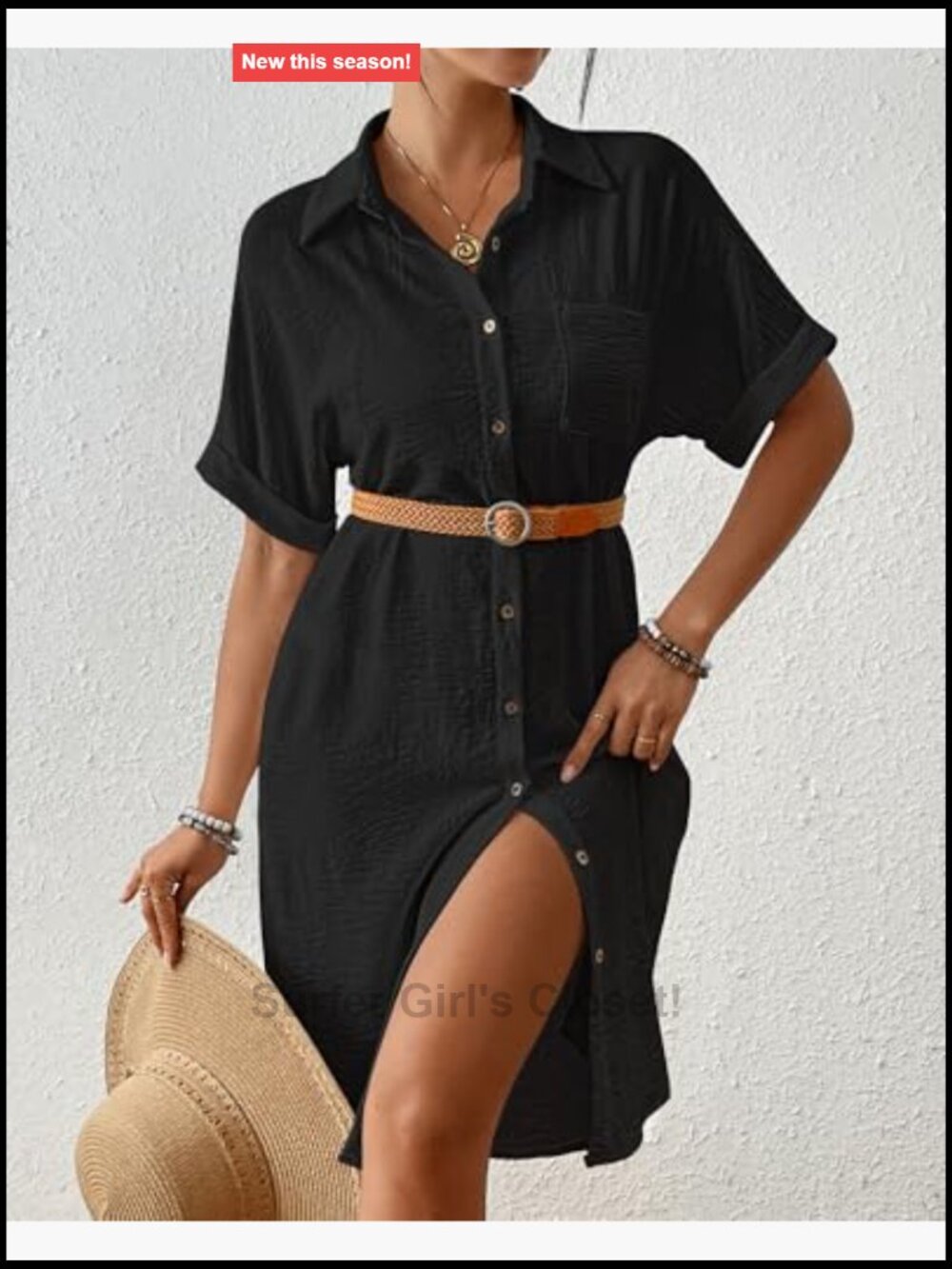 Swimsuit Cover-Up Long Button Down Short Sleeve Beach Shirt Dress with Pockets - Picture 2 of 7
